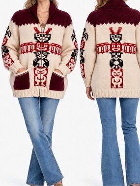 Vintage COWICHAN Totem Pole Mary Maxim Cardigan Zip Sweater Southwestern Unisex